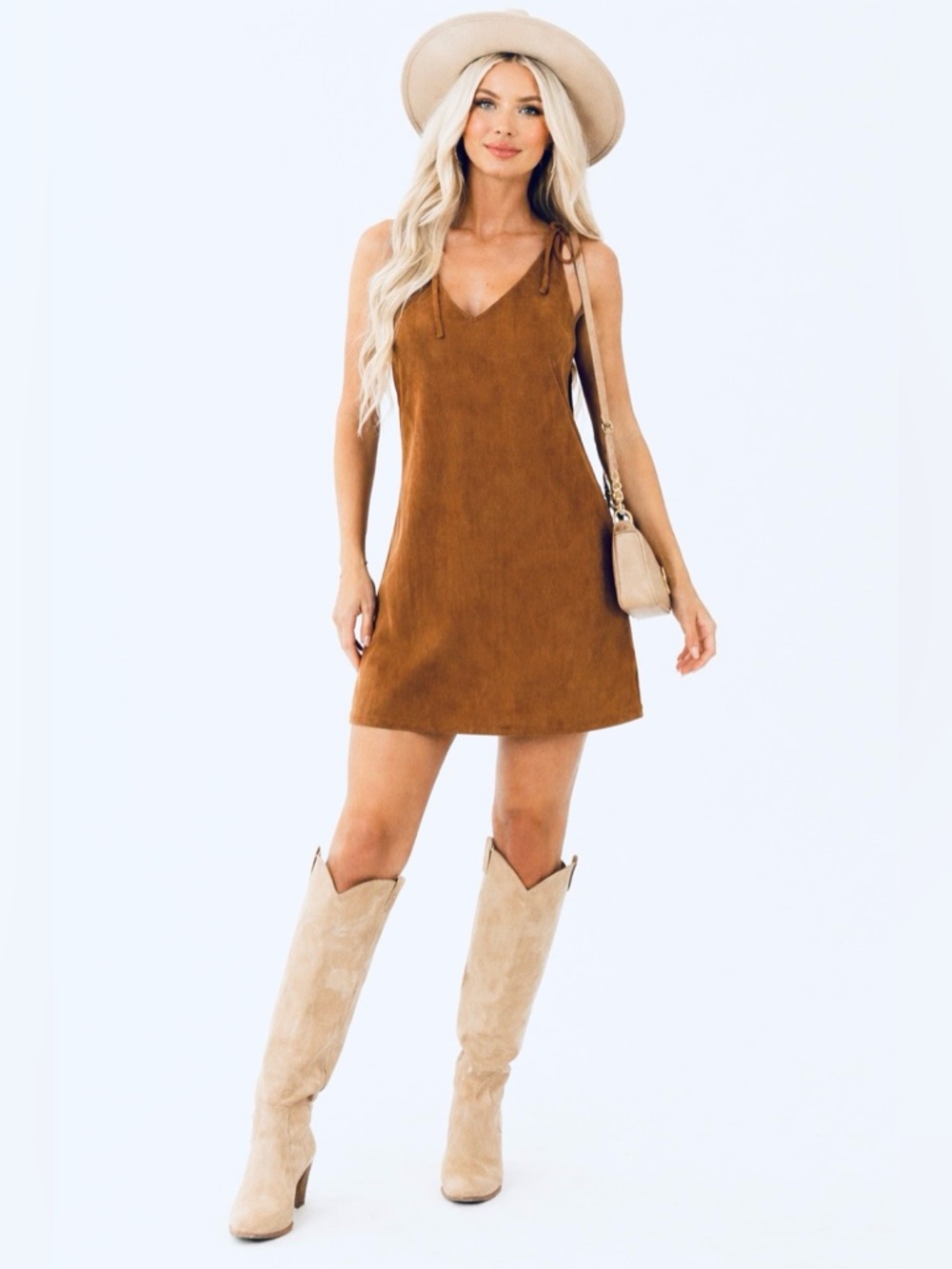 LIBE WORKSHOP Suede-Effect Tie-Shoulder Mini Dress size M.